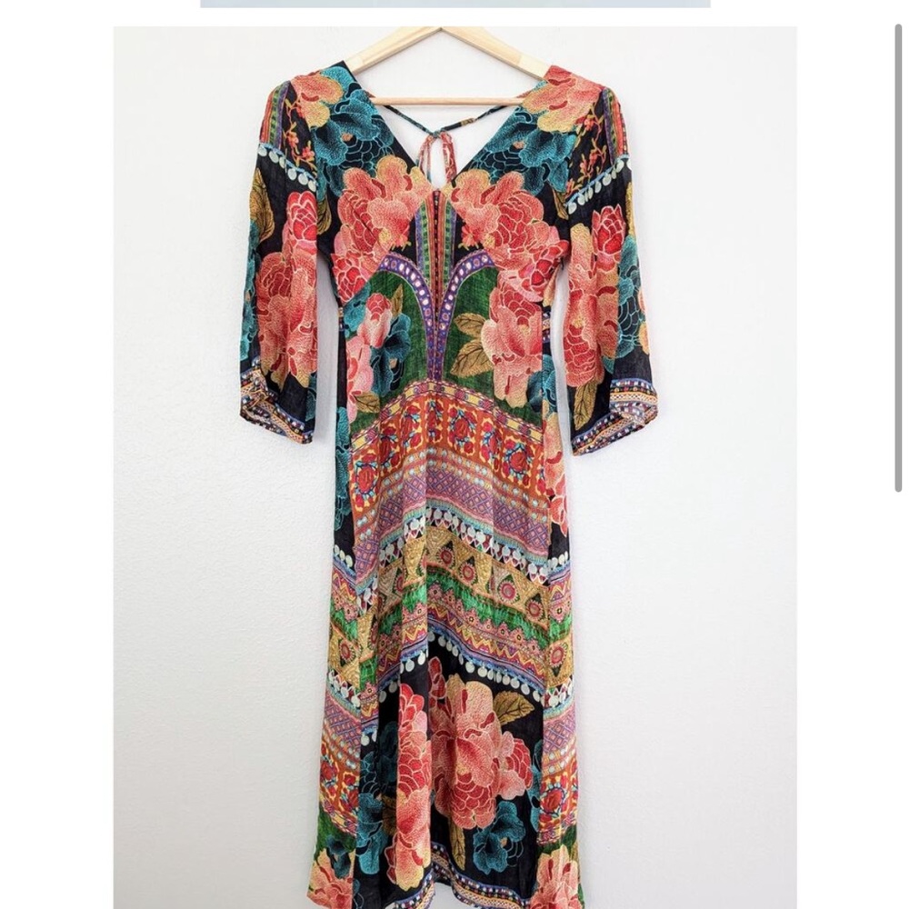 FARM Rio Coral, Teal & Black Floral Midi Dress